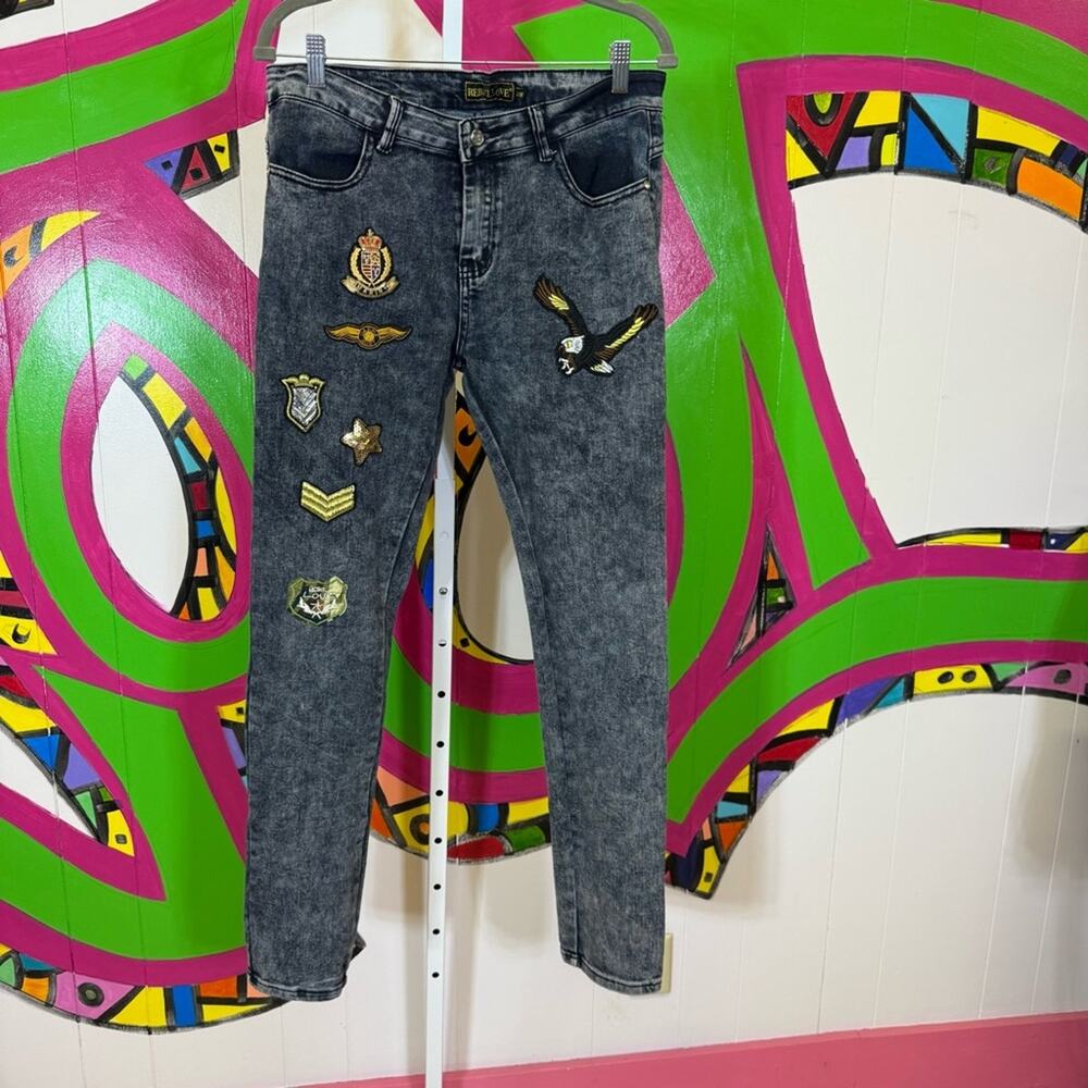 Rebel Love, Black Skinny Jeans with Distressed Look and Patches. Size 15/16.